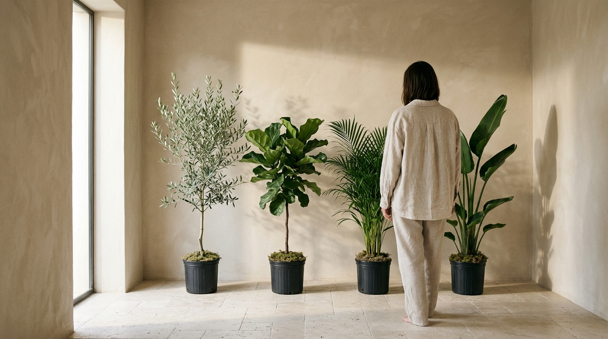 Persona de espaldas eligiendo entre un olivo, un ficus lyrata, una palmera areca y un ave del paraíso artificiales en un salón mediterráneo minimalista